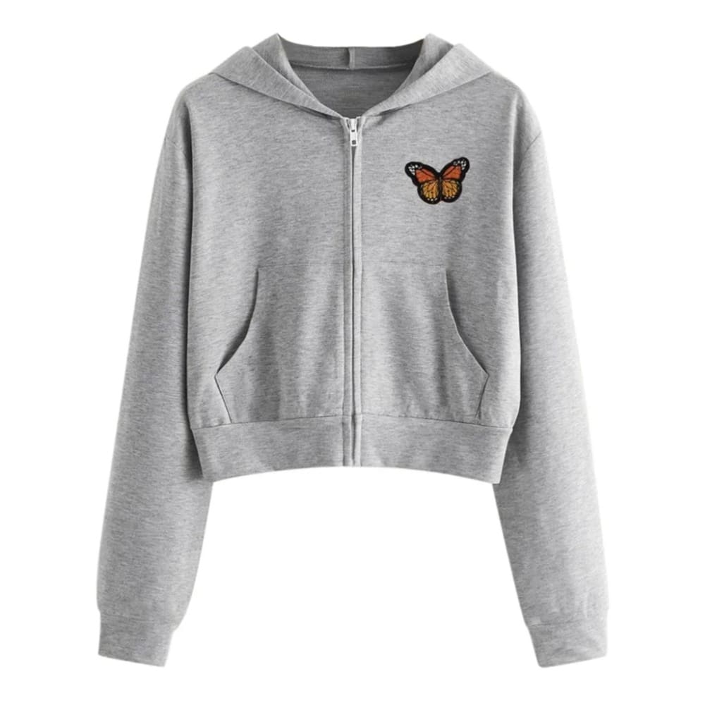 Women's Solid Color Zip Up Hoodie with Butterfly Embroidery